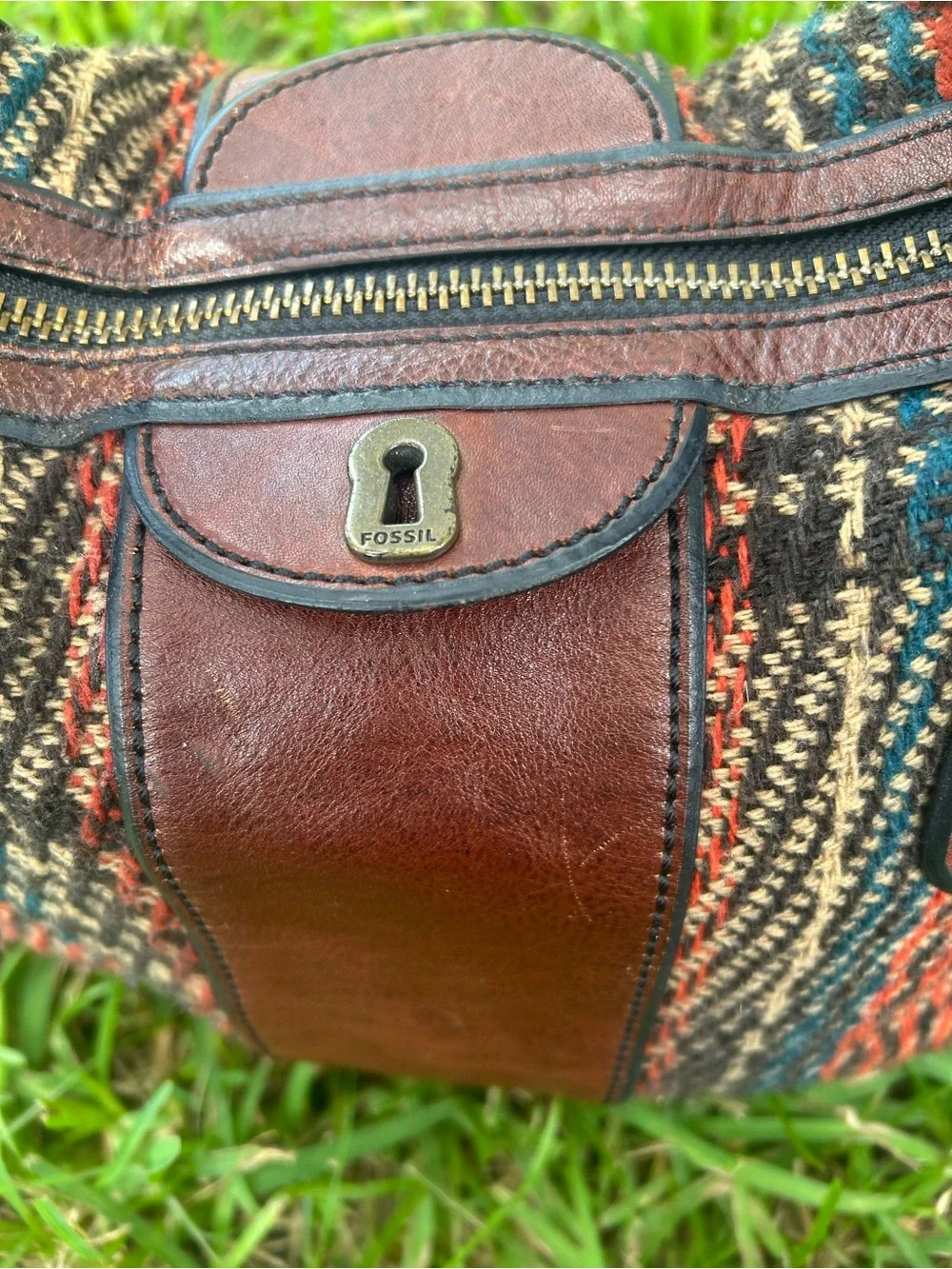 Vintage Fossil Brown Leather-Trim Multicolor Woven Shoulder Bag